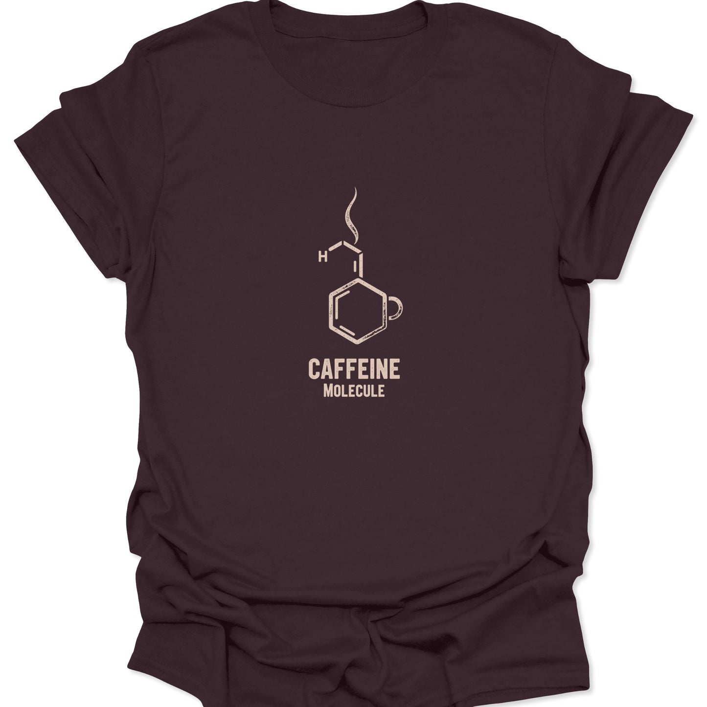 Scientific coffee graphic tee featuring the caffeine molecule's structure and a steaming mug icon in light beige print on a deep, rich dark chocolate brown fabric.