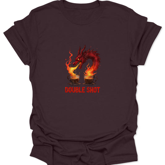 Dark brown t-shirt with a striking, cinematic red dragon graphic over flaming espresso mugs.