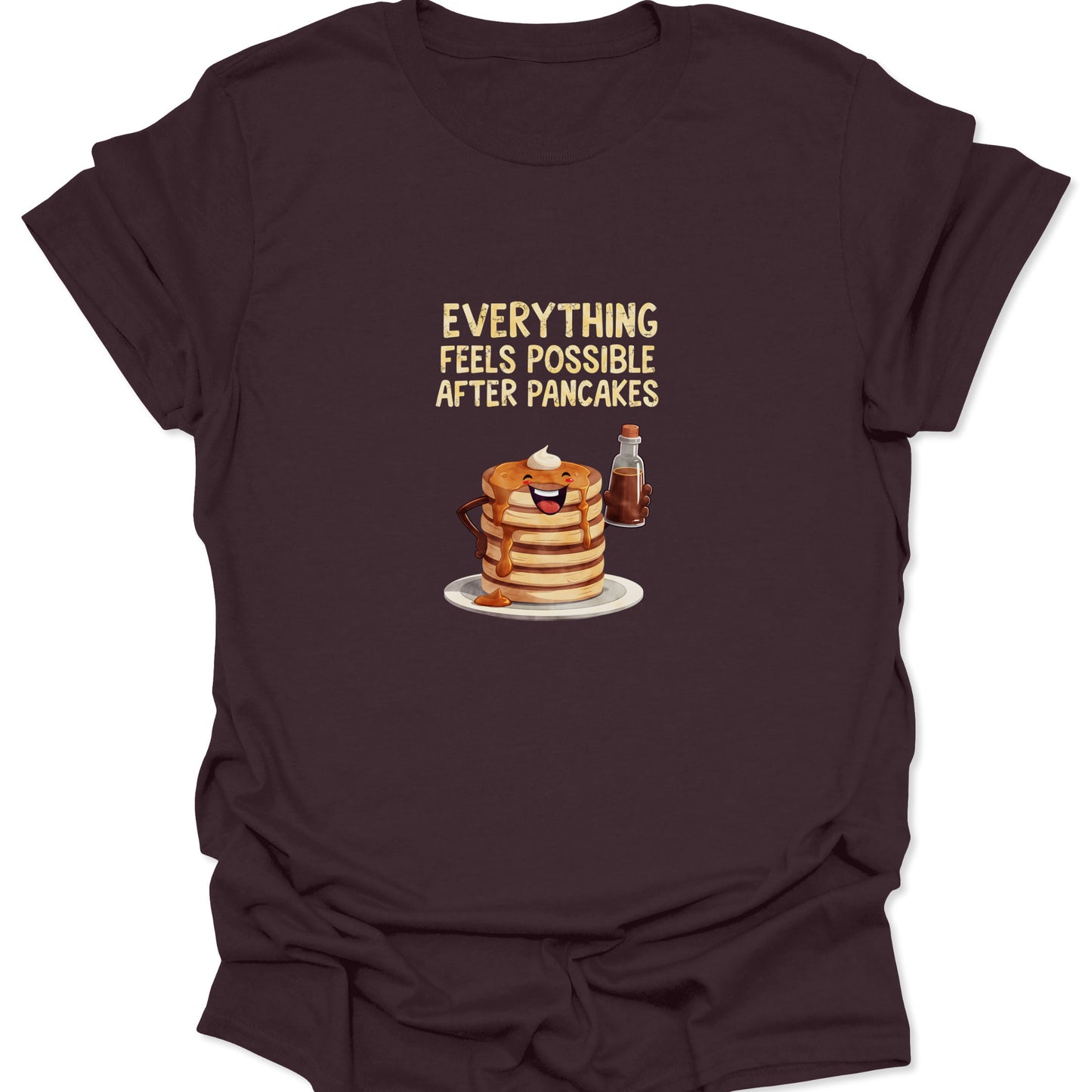 Dark Chocolate Brown t-shirt with a retro pancake mascot and motivational breakfast quote.