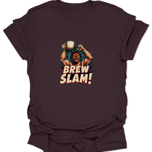 Dark brown t-shirt with a detailed, vintage-style Lucha mask coffee graphic, showing the wrestler flexing aggressively while holding a steaming mug.