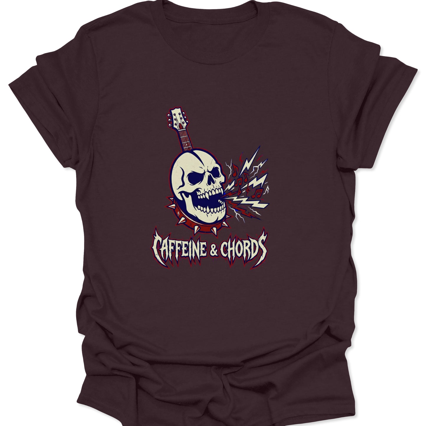 A dark chocolate brown t-shirt showing a heavy metal skull guitar design with red and white accents.