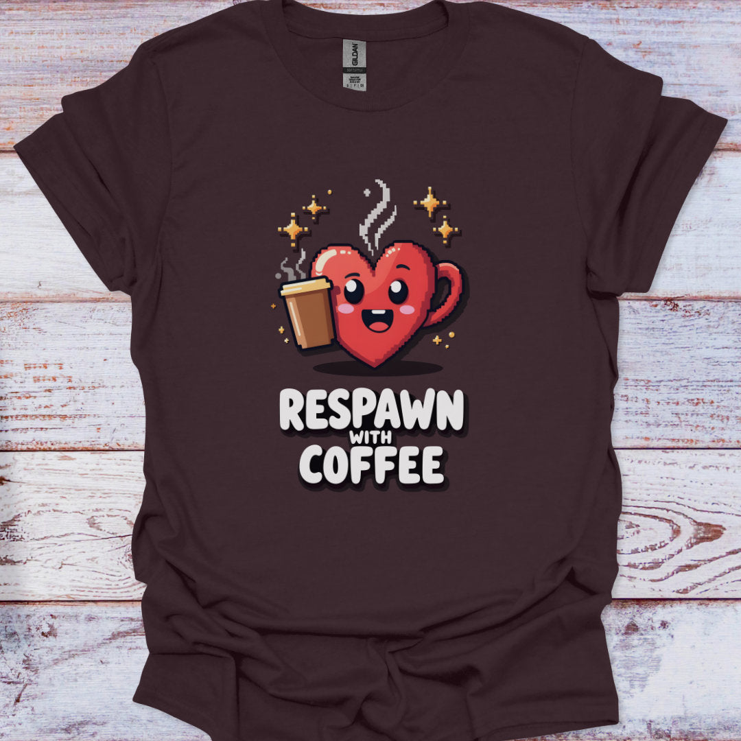 Brown t-shirt with a red heart and coffee cup graphic and 'Respawn with Coffee' text on a wooden surface.