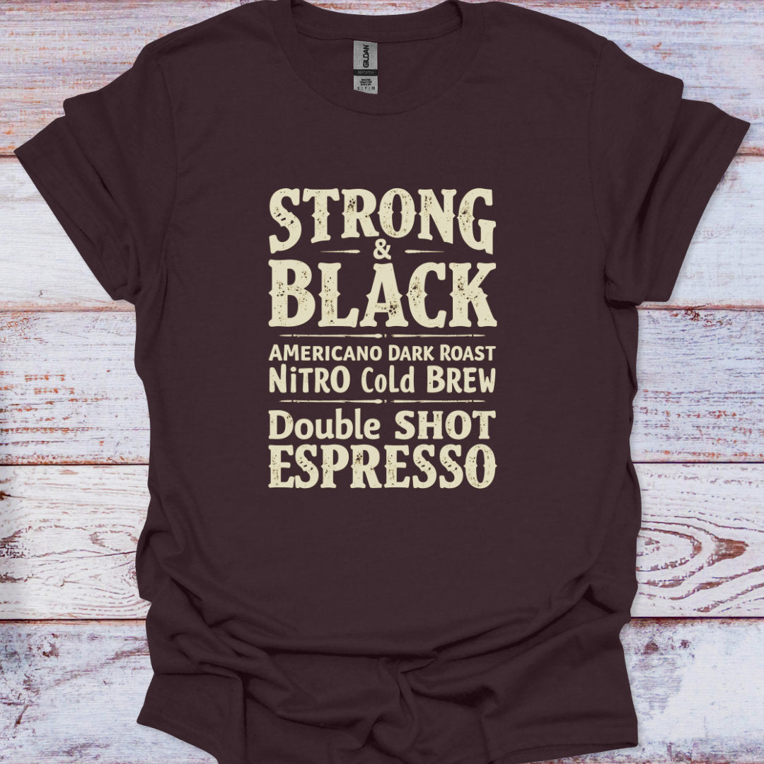 Brown t-shirt with coffee-themed text on a wooden surface