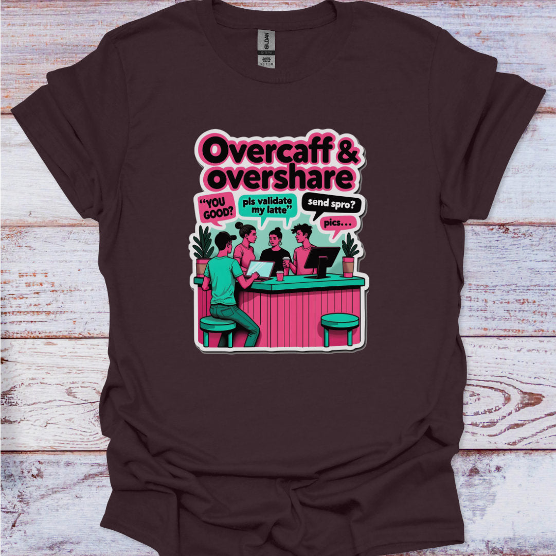 Brown t-shirt with a graphic design featuring people at a bar and text 'Overcaff & overshare' on a wooden surface.
