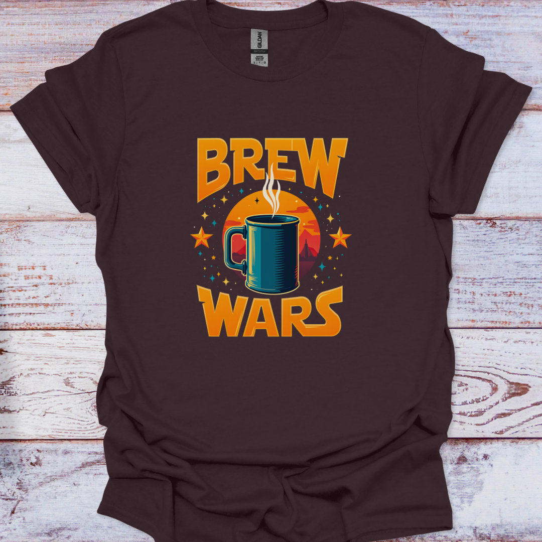 Brown t-shirt with 'Brew Wars' graphic design on a wooden surface