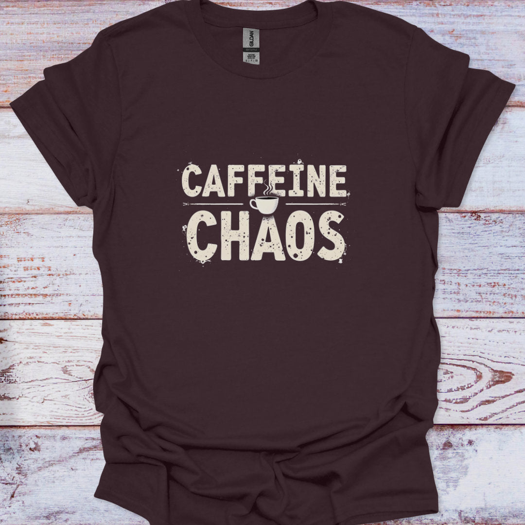 Brown t-shirt with 'CAFFEINE CHAOS' text on a wooden surface