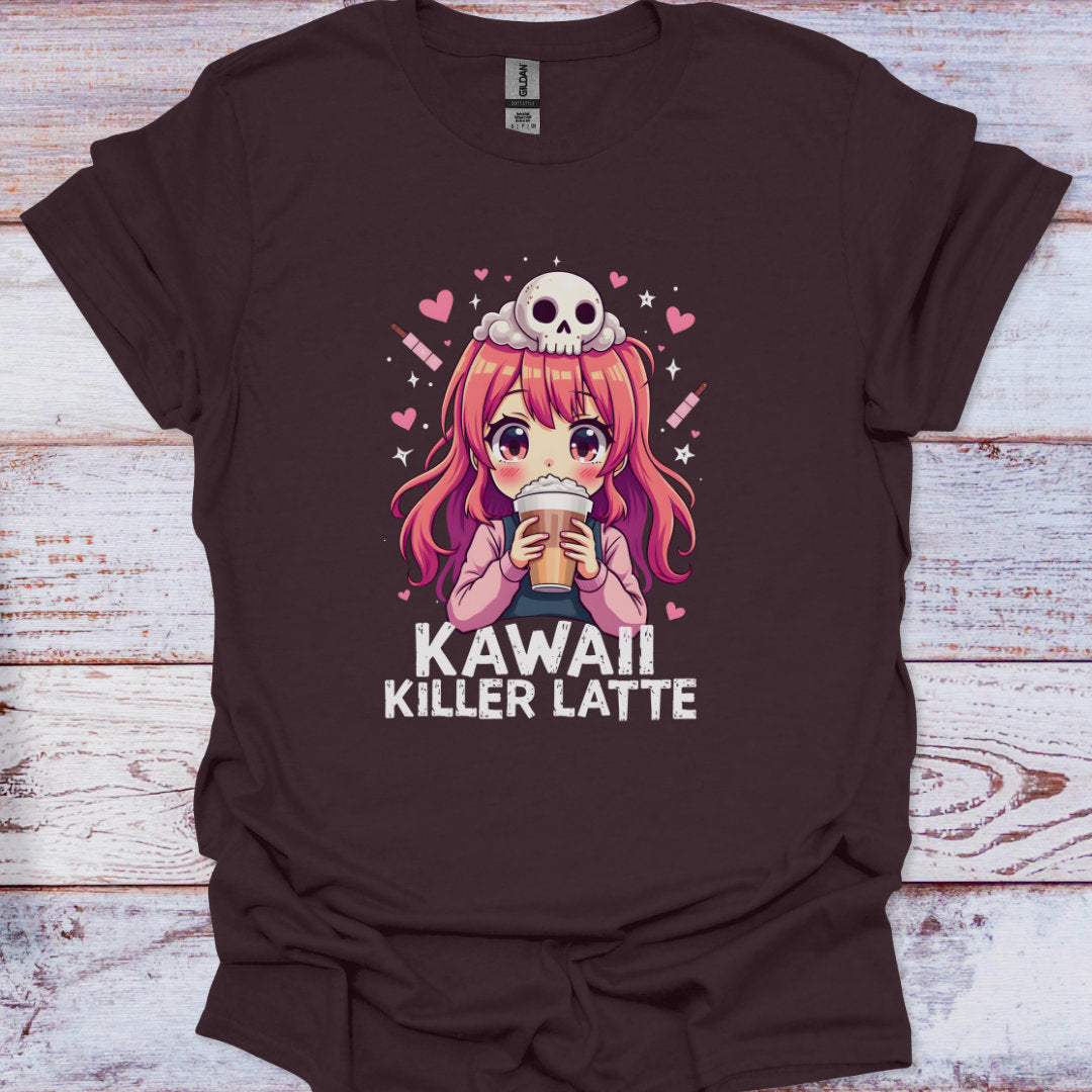 Brown t-shirt with an anime character holding a skull-shaped latte cup and text 'Kawaii Killer Latte' on a wooden surface.