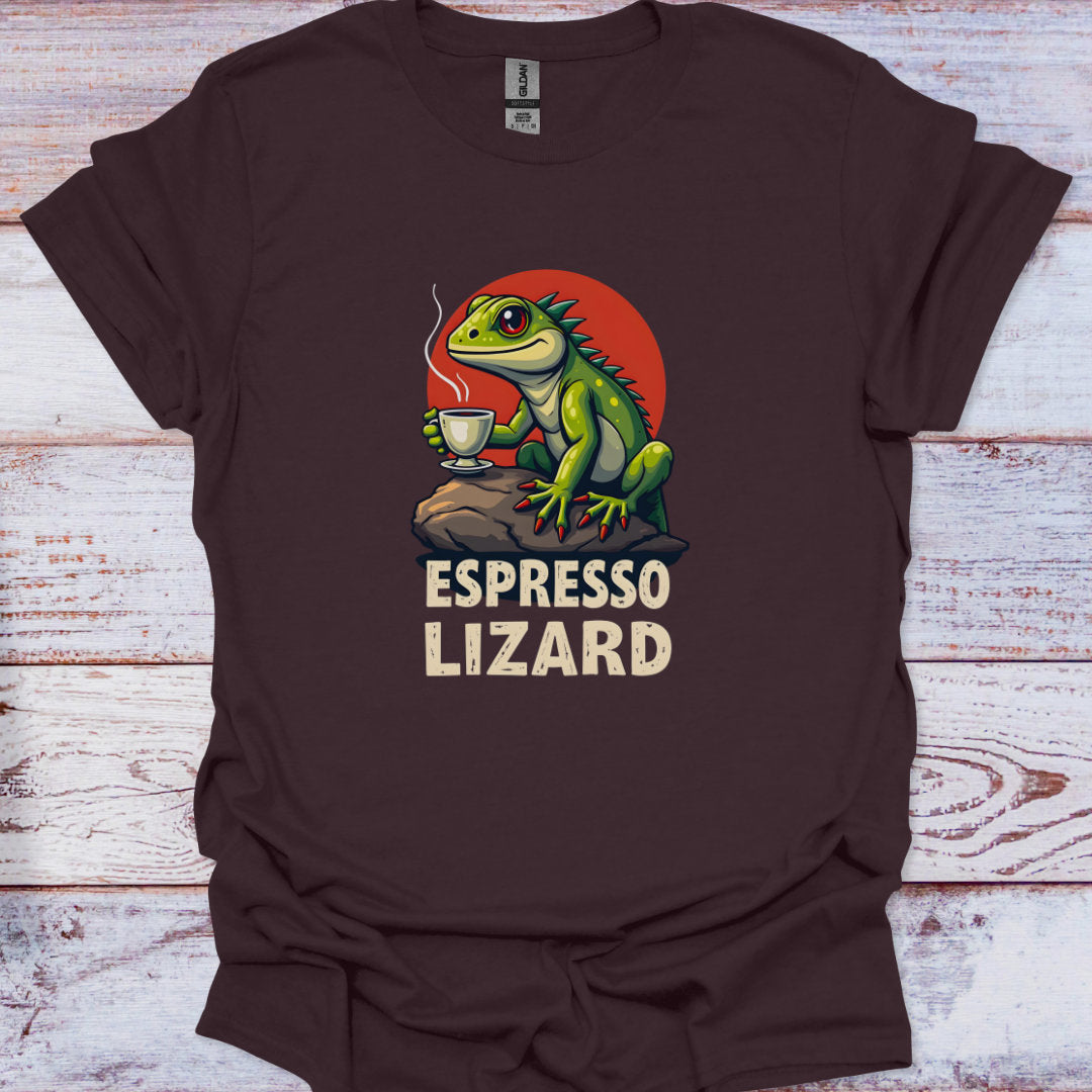 Brown t-shirt with a graphic of a lizard holding an espresso cup and the text 'Espresso Lizard' on a wooden surface.
