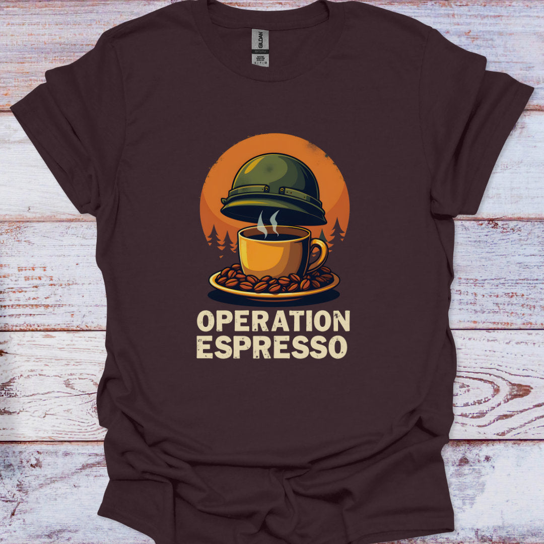 Brown t-shirt with 'Operation Espresso' graphic on a wooden surface
