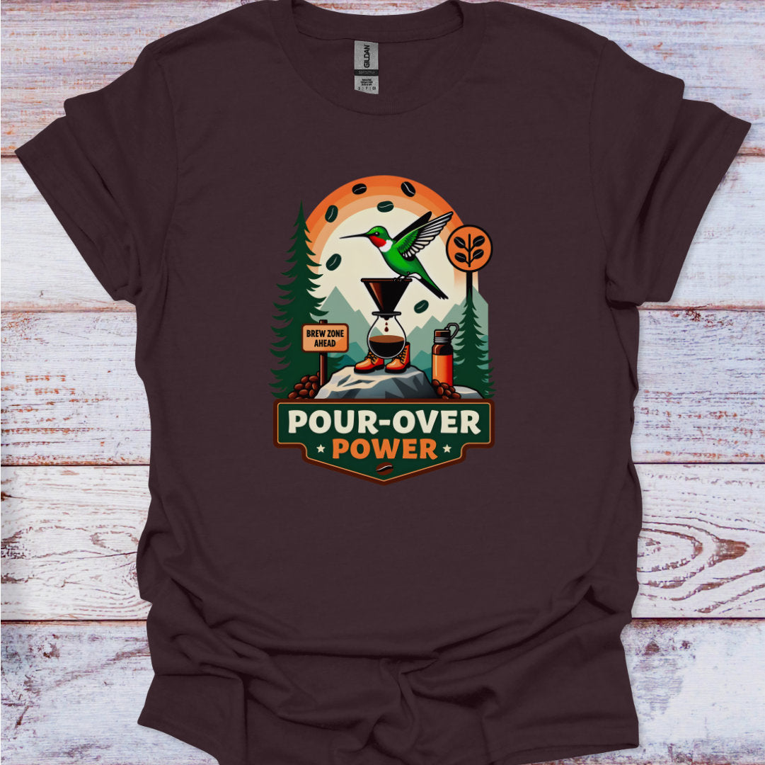 Brown t-shirt with 'Pour-Over Power' graphic design on a wooden surface
