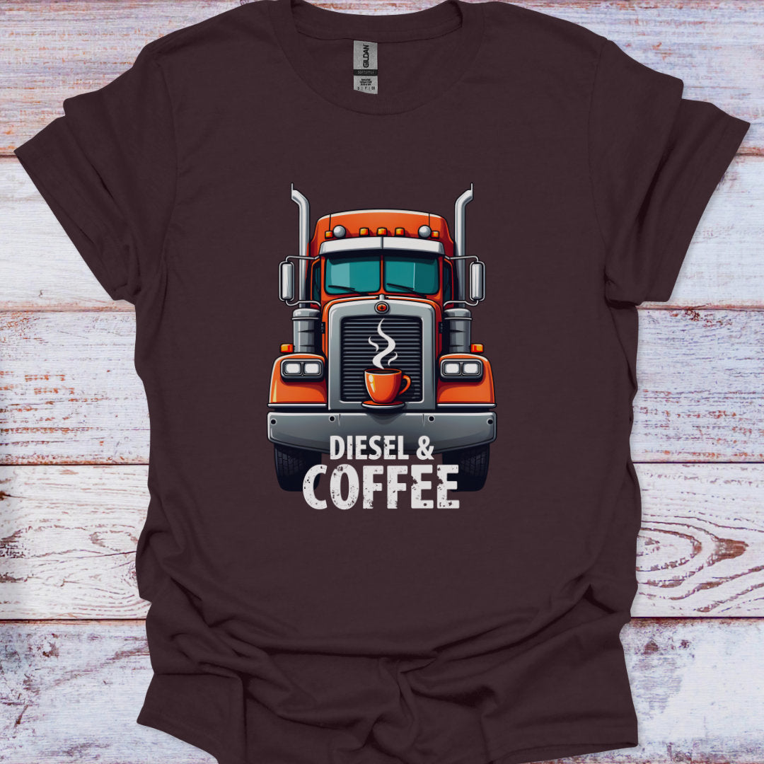 Brown t-shirt with a truck graphic and 'Diesel & Coffee' text on a wooden surface