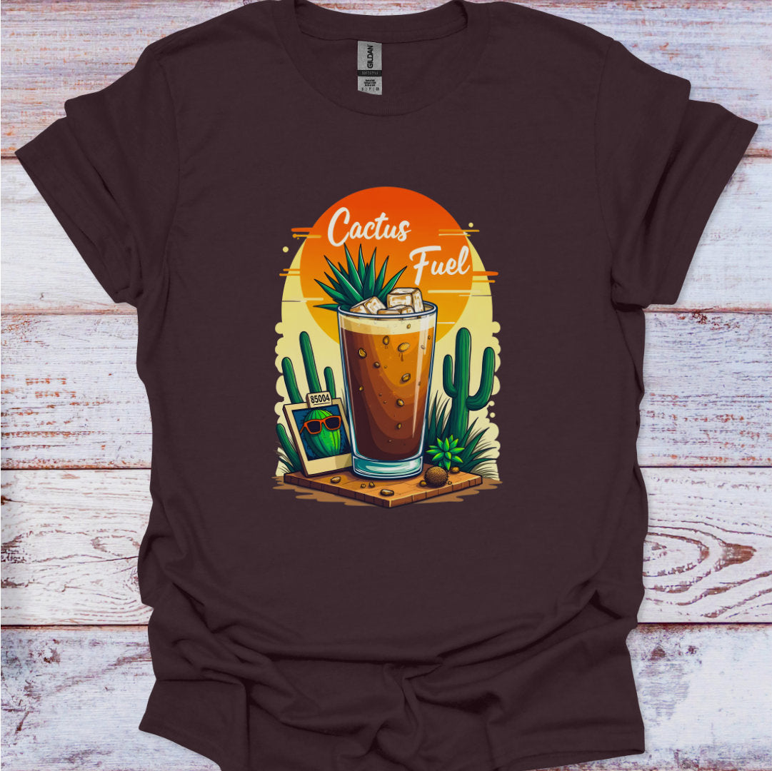 Brown t-shirt with 'Cactus Fuel' graphic design on a wooden surface