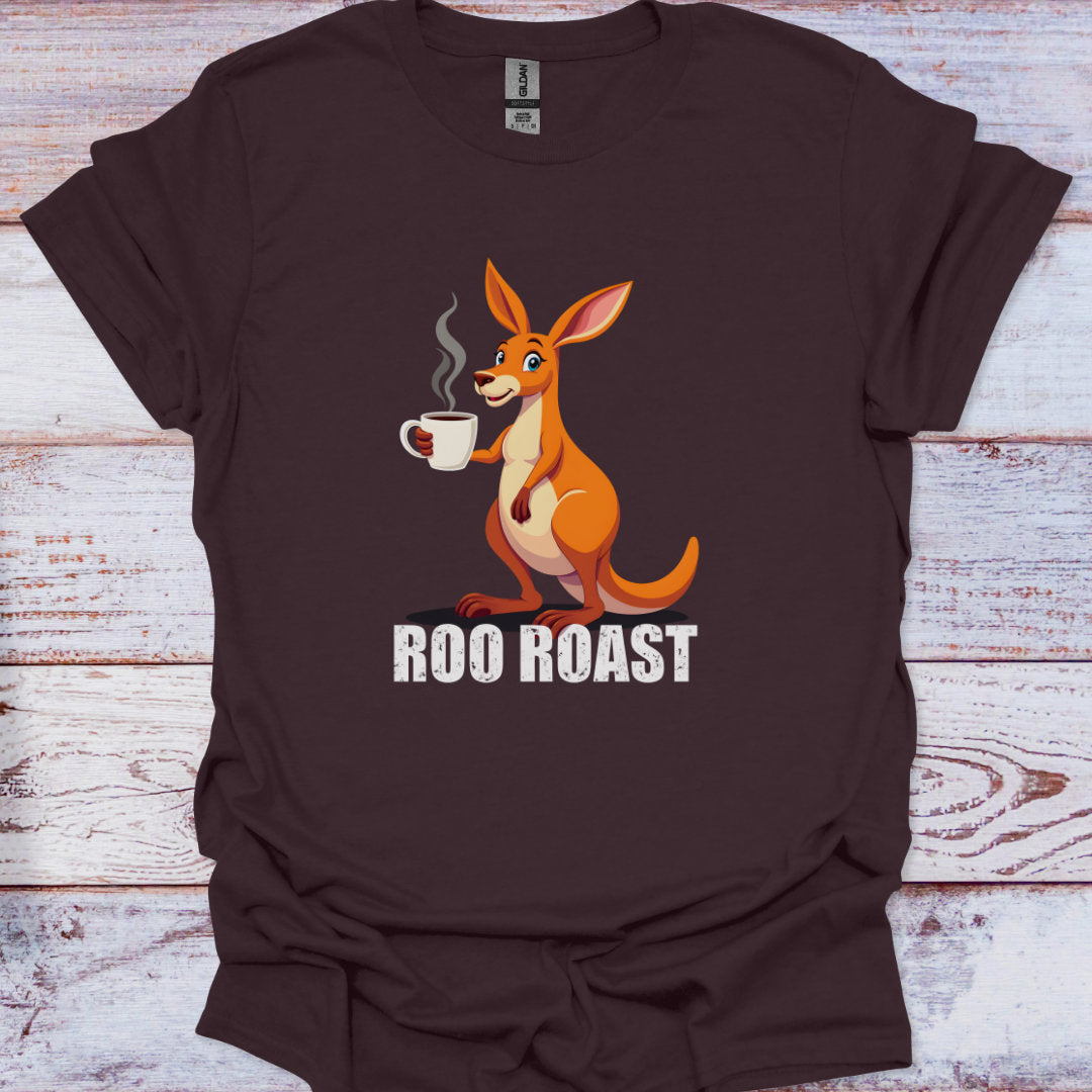 Brown t-shirt with a kangaroo holding a coffee cup and 'Roo Roast' text on a wooden surface