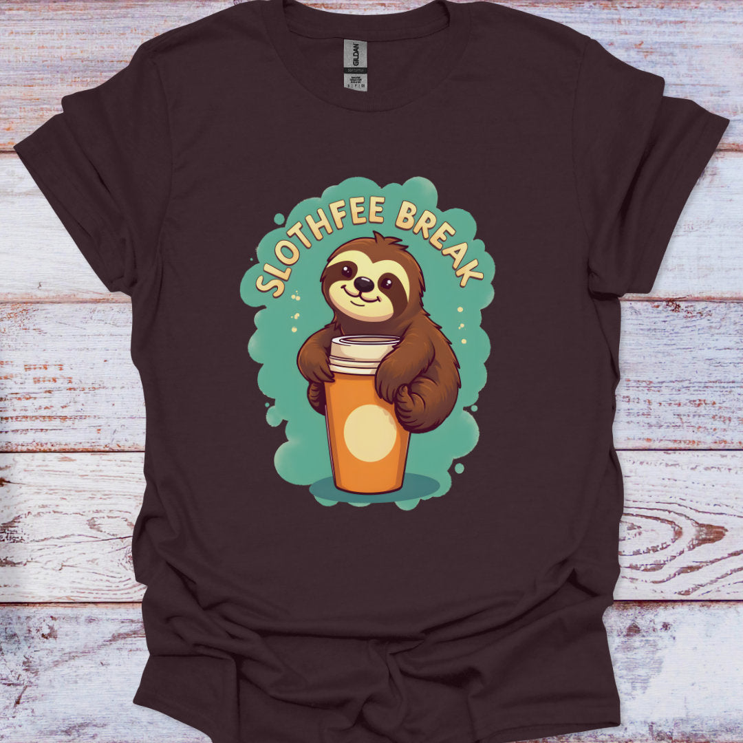 Brown t-shirt with a sloth holding a coffee cup graphic on a wooden surface