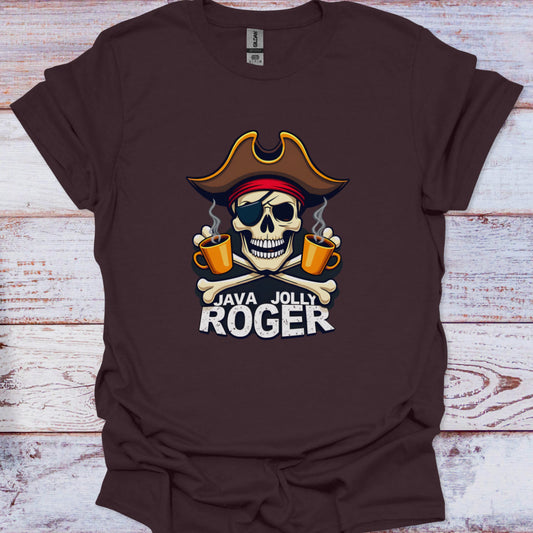 Brown t-shirt with a skull and crossbones design and 'Java Jolly Roger' text on a wooden surface.