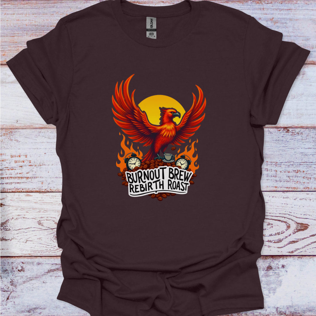 Brown t-shirt with a phoenix design and text on a wooden surface