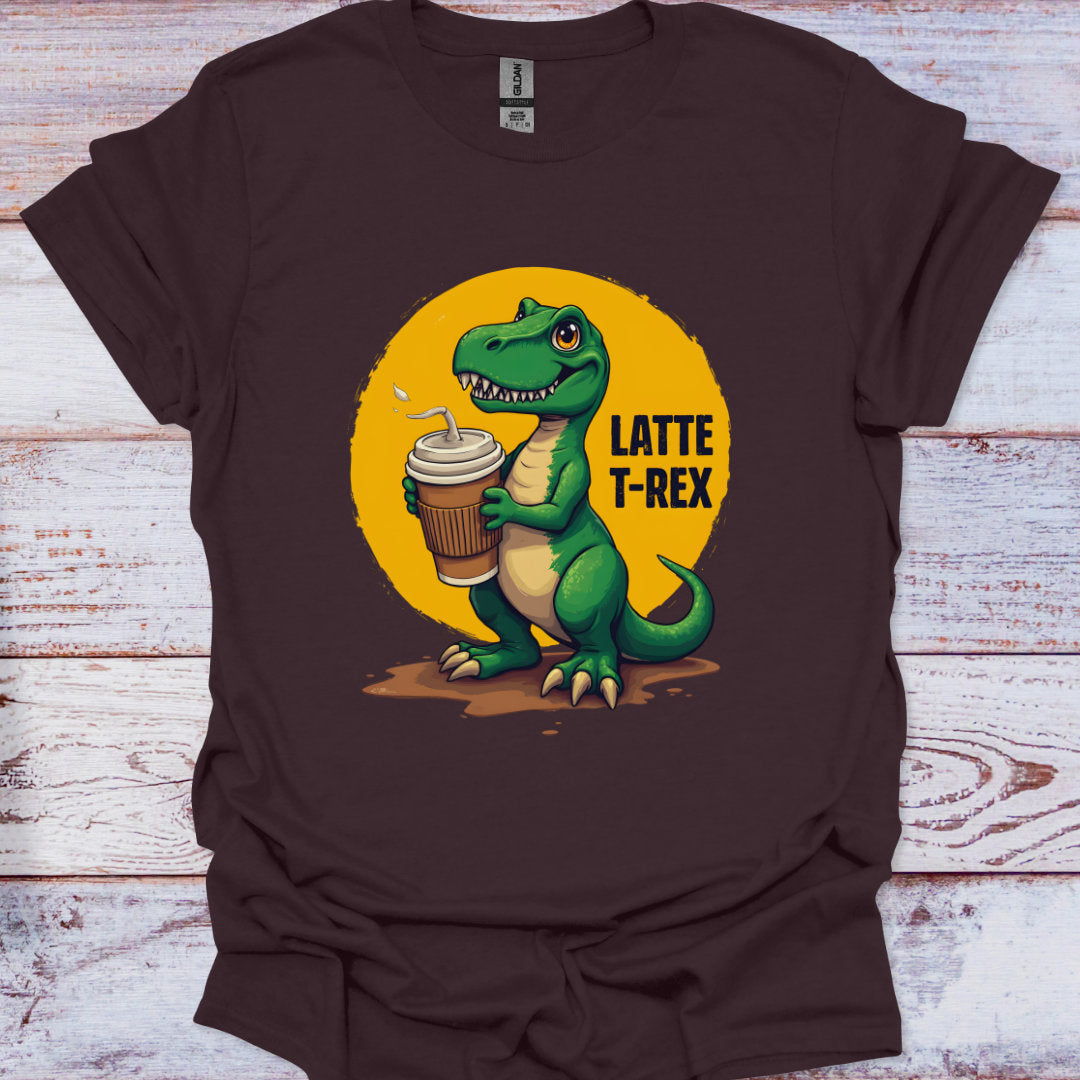 Brown t-shirt with a 'Latte T-Rex' graphic on a wooden surface