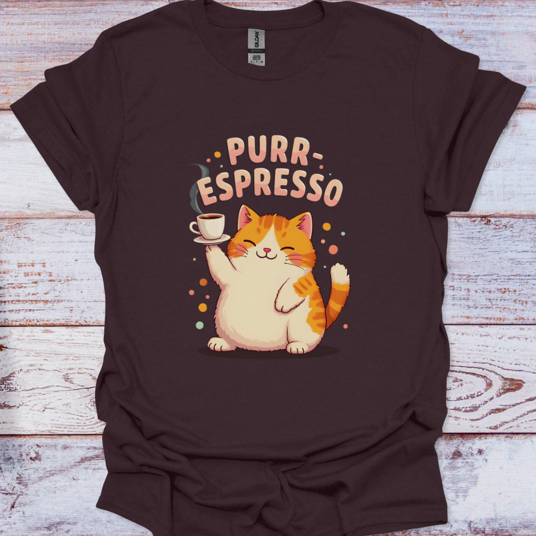 Brown t-shirt with a cat holding a coffee cup graphic and 'Purr-Espresso' text on a wooden surface.