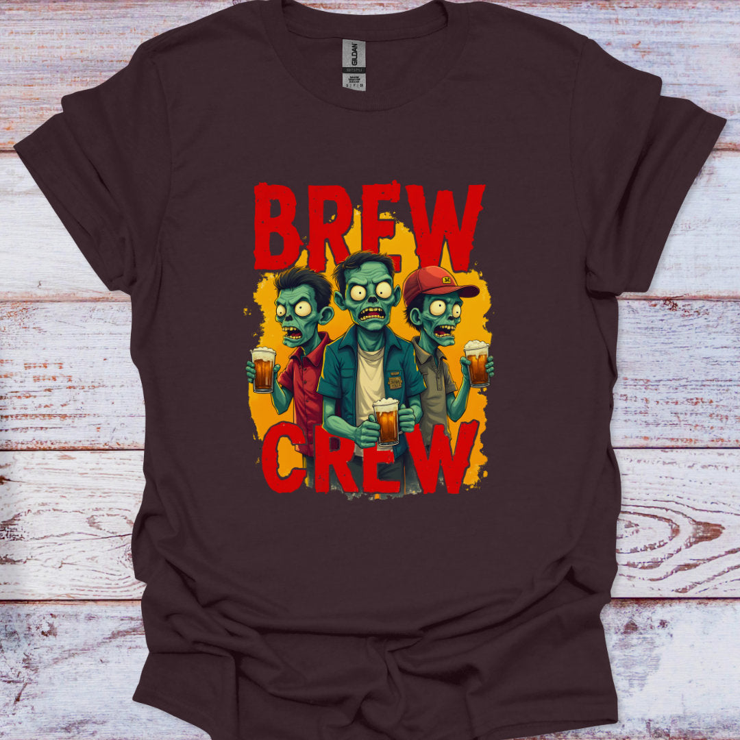 Brown t-shirt with 'Brew Crew' graphic featuring zombies holding beers on a wooden surface.