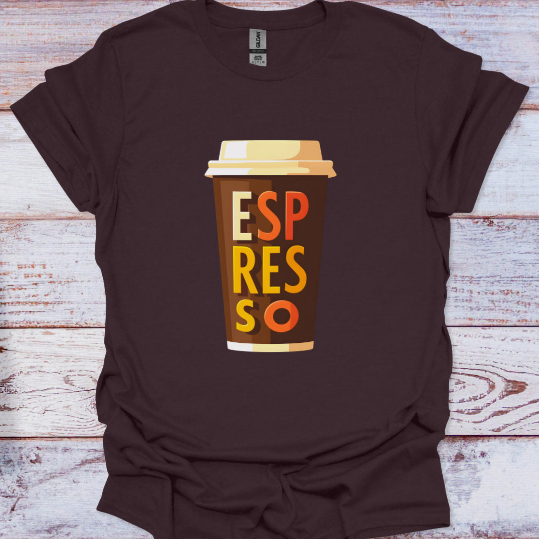 Brown t-shirt with a coffee cup graphic and 'ESPRESSO' text on a wooden surface