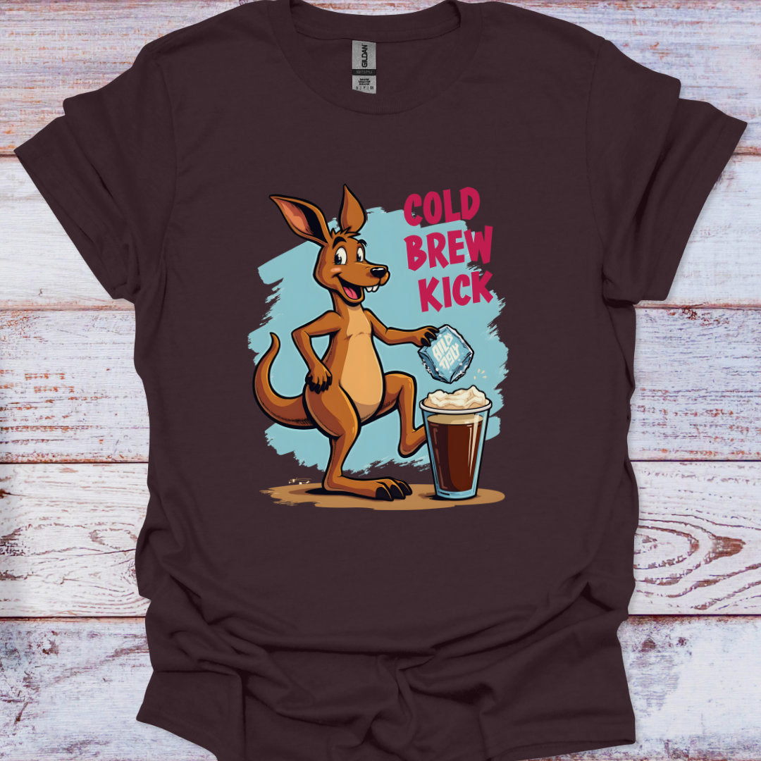 Brown t-shirt with a kangaroo graphic and 'Cold Brew Kick' text on a wooden surface