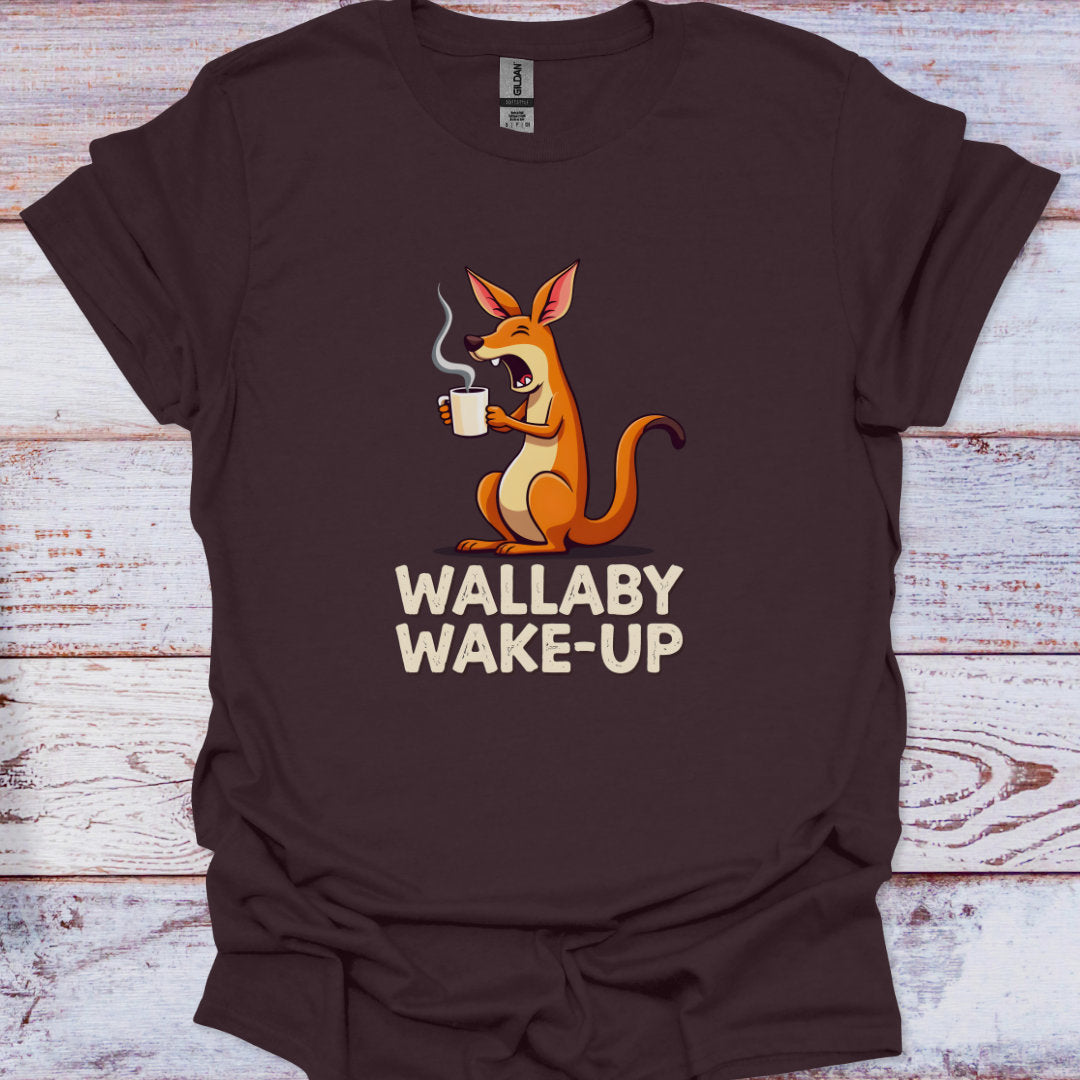 Brown t-shirt with a Wallaby graphic and 'Wallaby Wake-Up' text on a wooden surface