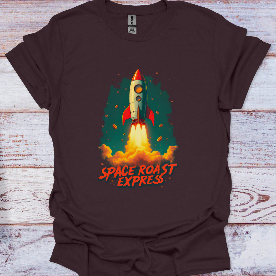 Brown t-shirt with a rocket graphic and 'Space Roast Express' text on a wooden surface