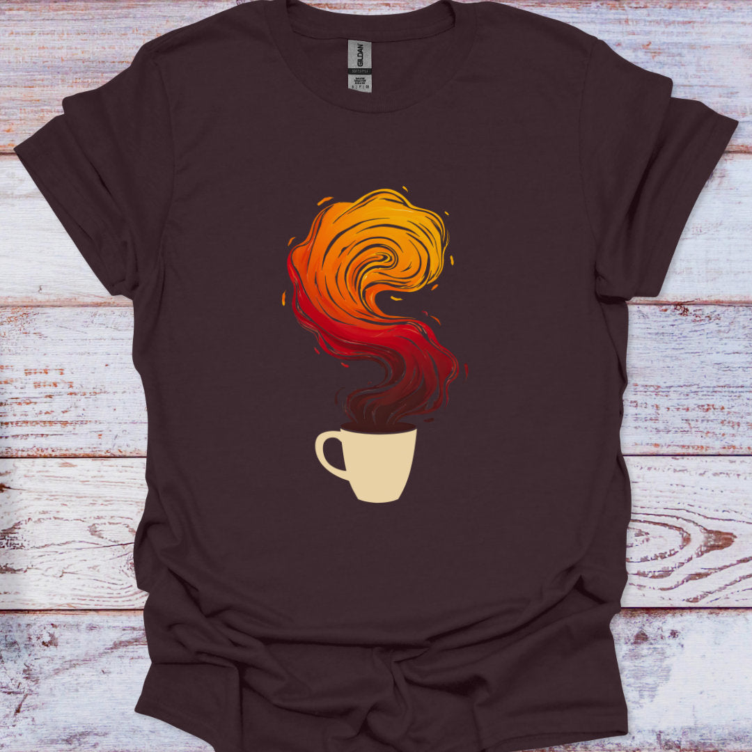 Brown t-shirt with a coffee cup and flames design on a wooden surface