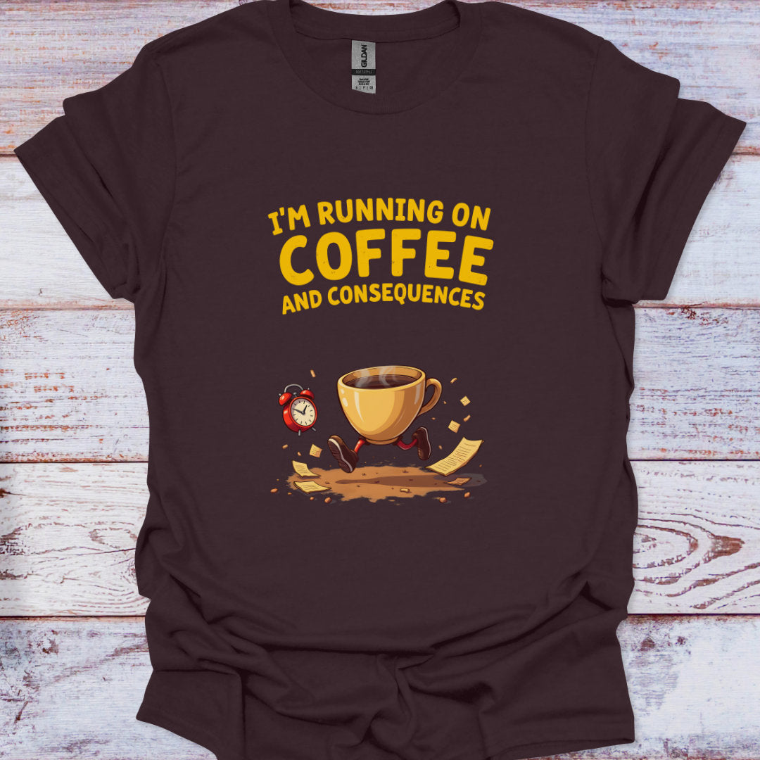 Brown t-shirt with yellow text and coffee cup graphic on a wooden surface