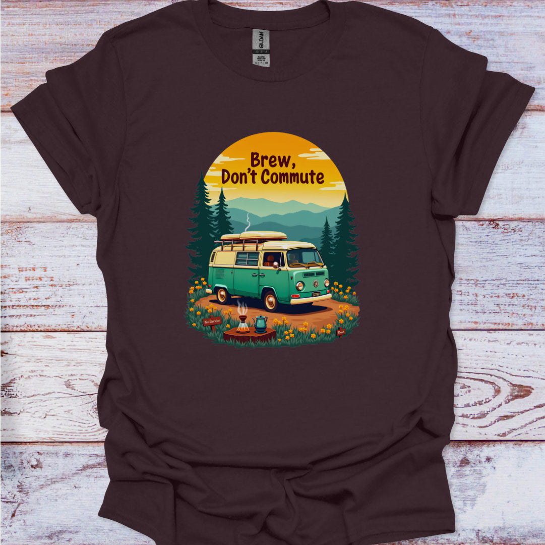Brown t-shirt with a graphic of a van and 'Brew, Don't Commute' text on a wooden surface