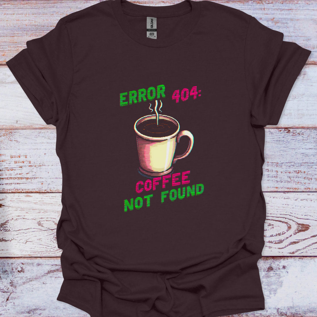 Brown t-shirt with a coffee cup graphic and text on a wooden surface