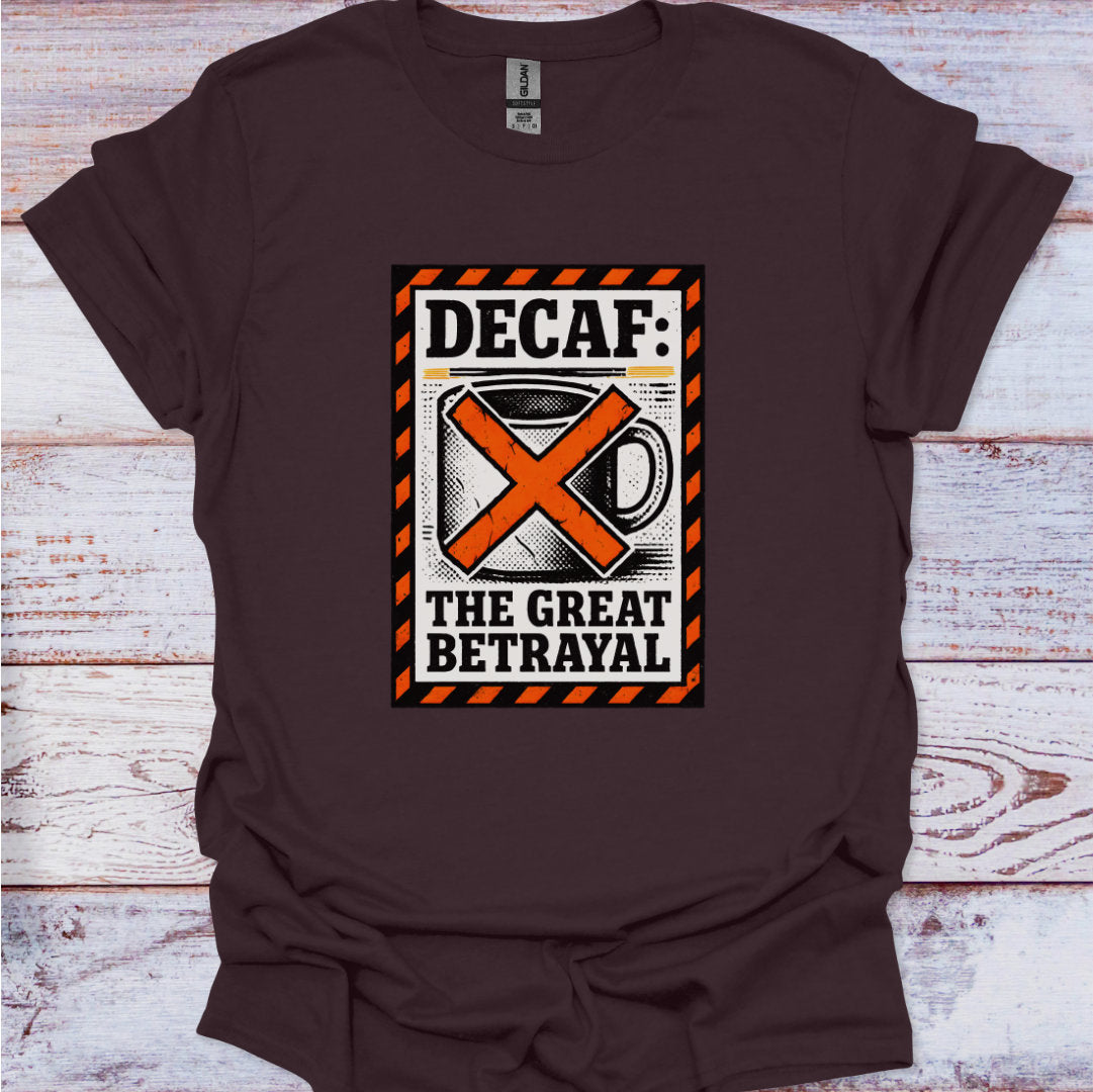 Brown t-shirt with a graphic design on a wooden surface