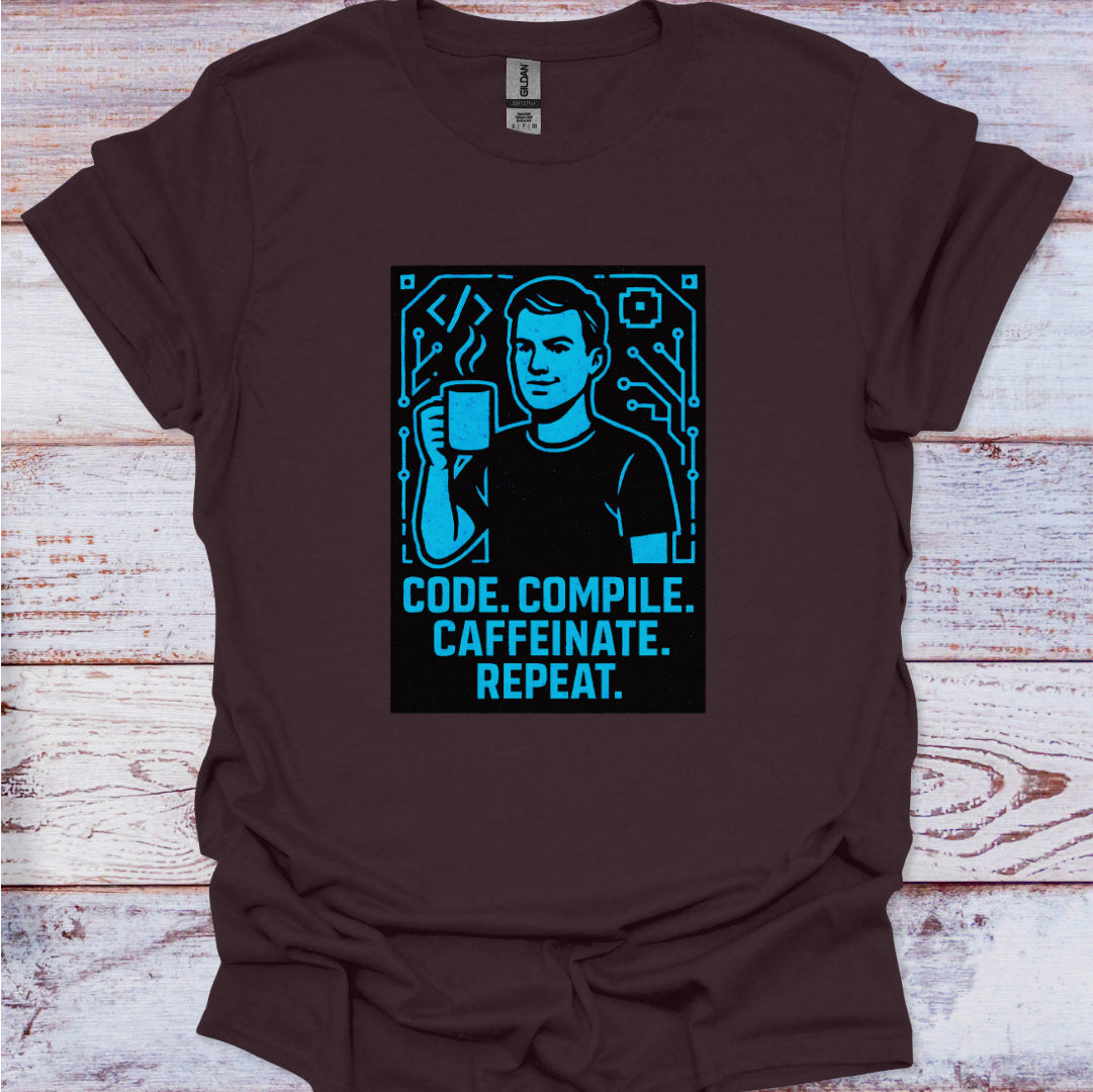 Brown t-shirt with a graphic of a person holding a coffee cup and text 'Code. Compile.