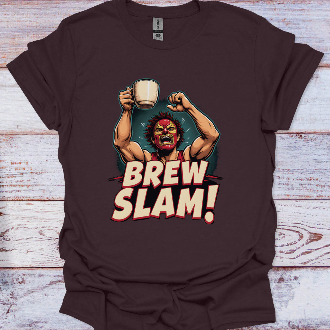 Brown t-shirt with 'Brew Slam!' graphic design on a wooden surface