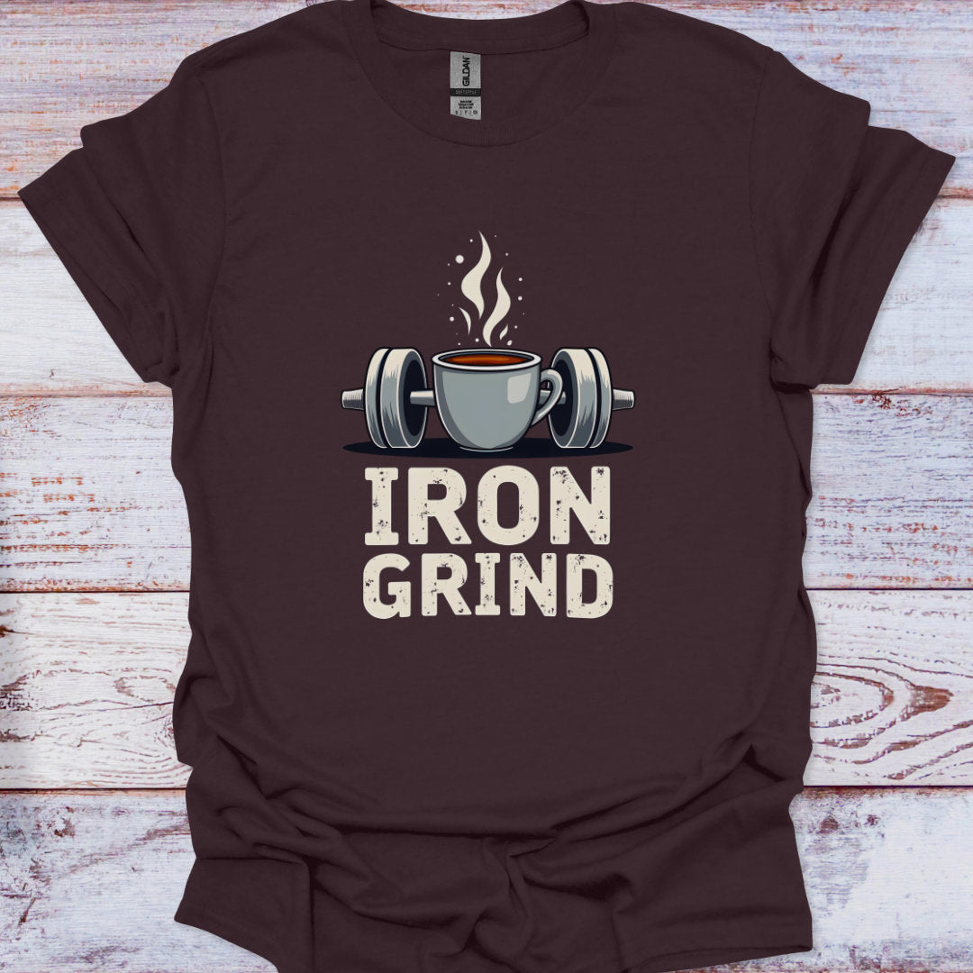 Brown t-shirt with 'Iron Grind' graphic design featuring a coffee cup and weights on a wooden surface.