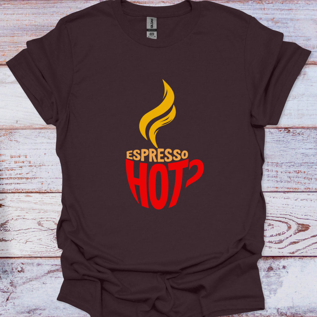 Brown t-shirt with 'Espresso Hot' graphic on a wooden surface