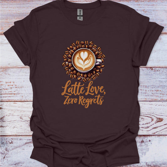 Brown t-shirt with coffee-themed design and text on a wooden surface