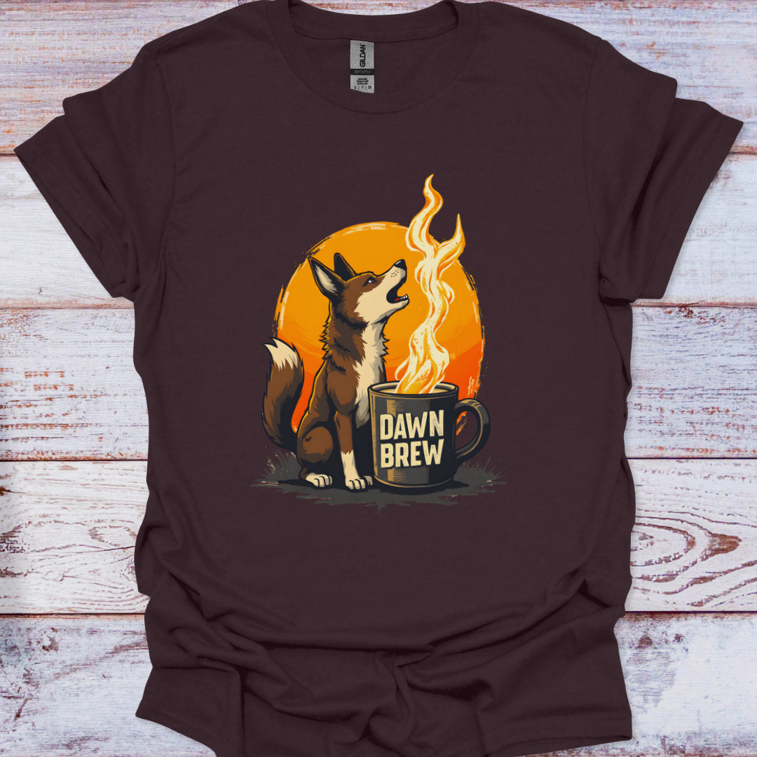 Dark brown t-shirt with a graphic of a dingo next to a mug labeled 'Dawn Brew' on a wooden surface.