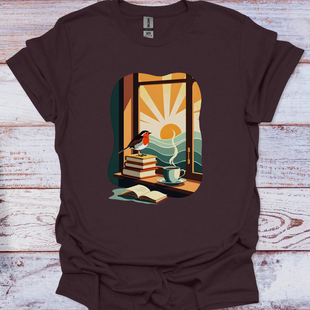Brown t-shirt with a graphic of a window, books, and a cup on a wooden surface