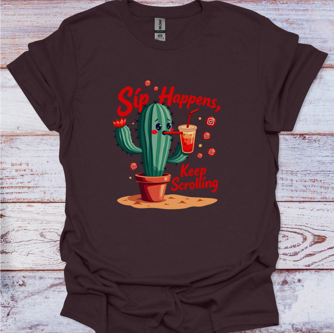 Brown t-shirt with a cactus graphic and text on a wooden surface