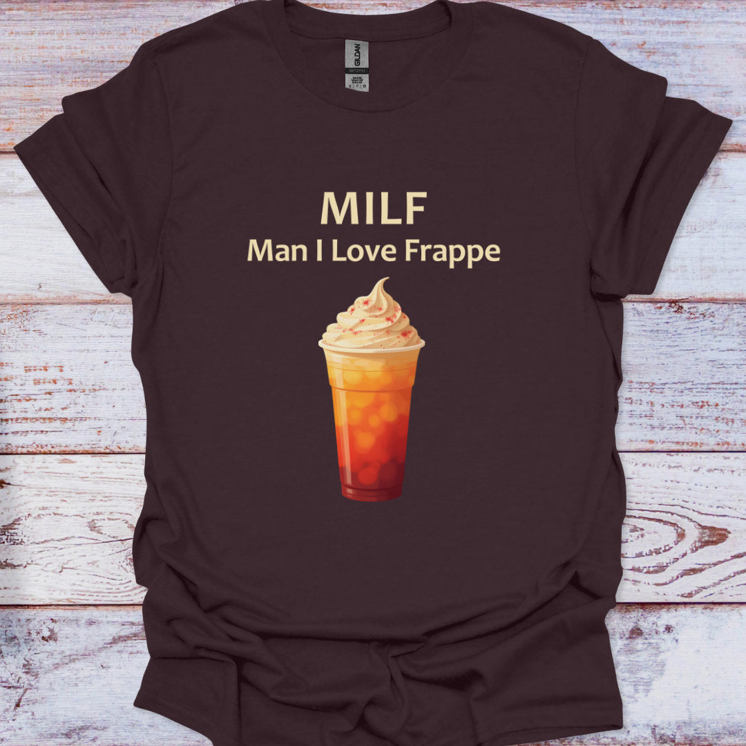 Brown t-shirt with a frappe graphic and text on a wooden surface