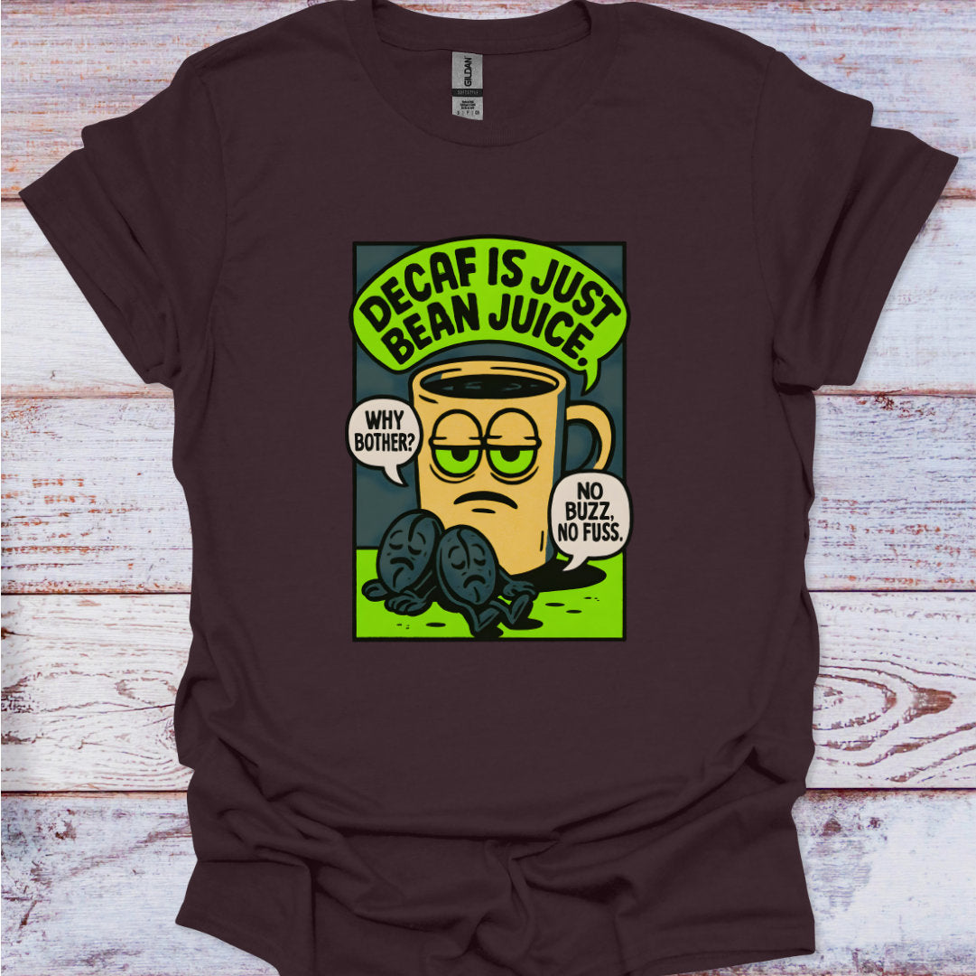 Brown t-shirt with a graphic of a coffee cup and text on a wooden surface