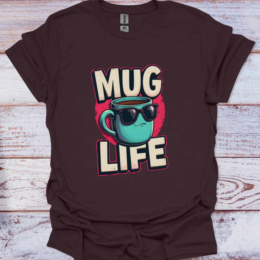 Brown t-shirt with 'Mug Life' graphic design on a wooden surface
