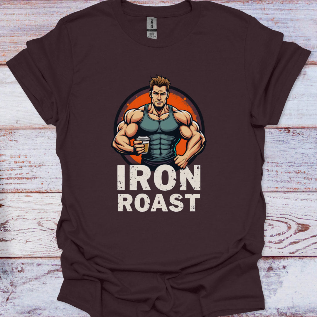 Brown t-shirt with 'Iron Roast' graphic on a wooden surface
