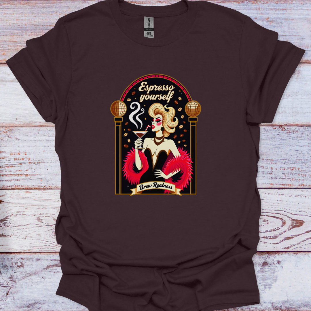 Brown t-shirt with a graphic design of a woman holding a coffee cup and text 'Expresso yourself' on a wooden surface.