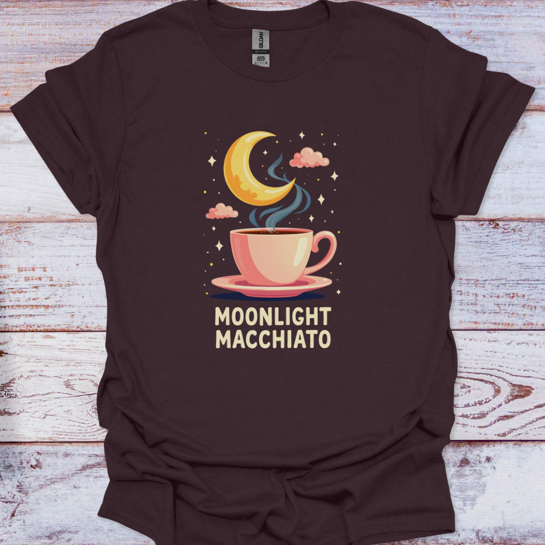 Brown t-shirt with 'Moonlight Macchiato' design featuring a coffee cup and moon on a wooden background