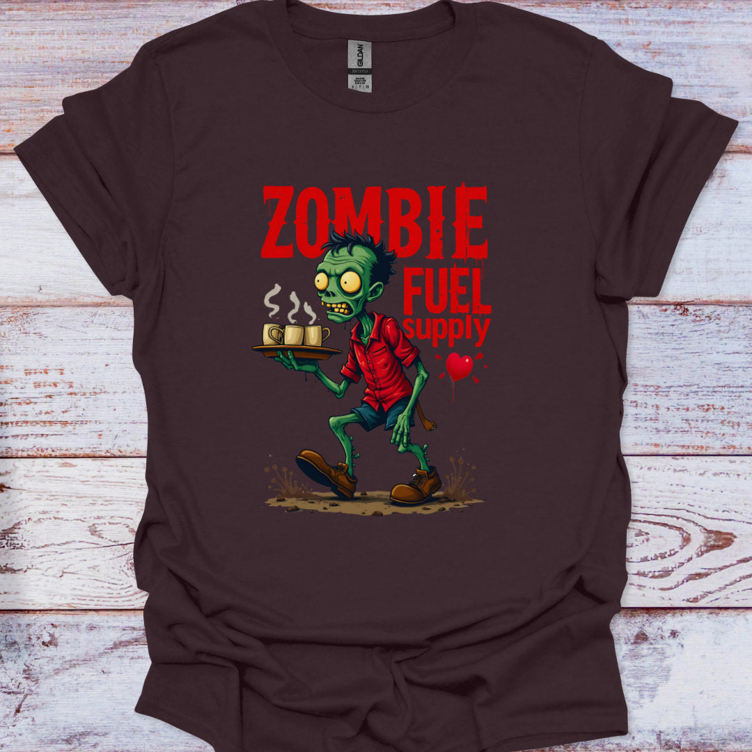 Brown t-shirt with a zombie graphic and 'Zombie Fuel Supply' text on a wooden surface