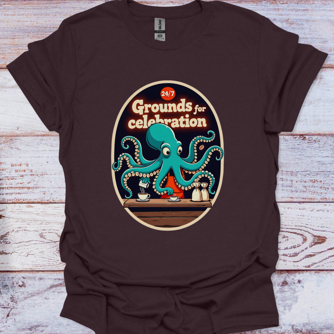 Brown t-shirt with a colorful octopus design and text on a wooden surface