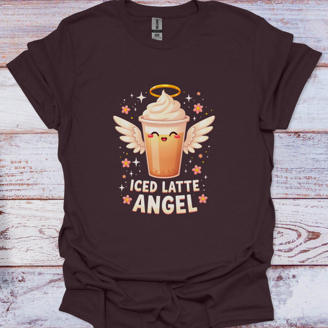 Brown t-shirt with 'ICED LATTE ANGEL' design on a wooden surface