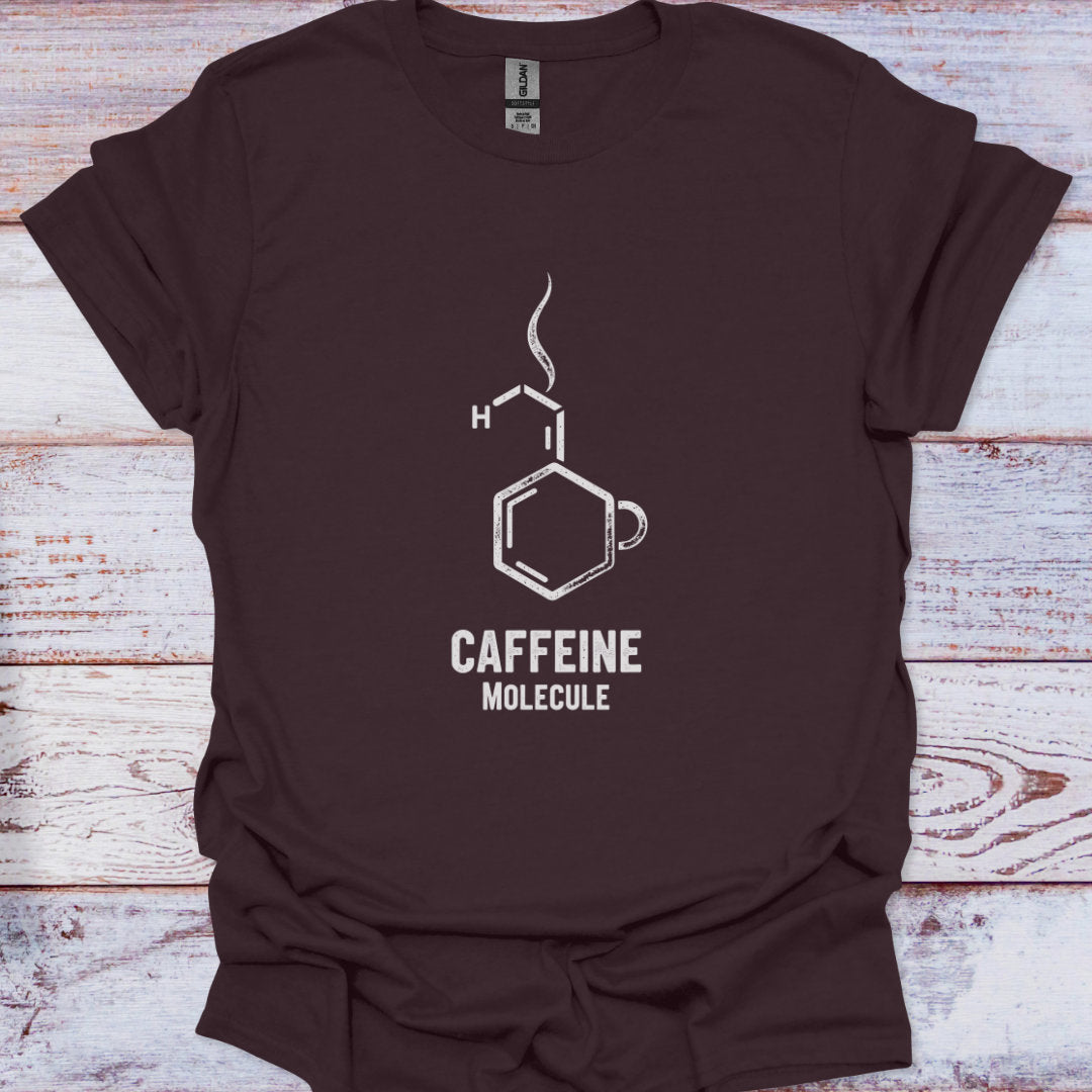 Brown t-shirt with caffeine molecule design on a wooden surface